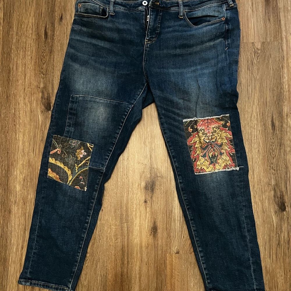 Anthropologie Dark Blue Patchwork Straight Leg Jeans
